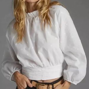 Anthropologie Maeve Polka-Dot Puffed Sleeve White Blouse Short Top - 8